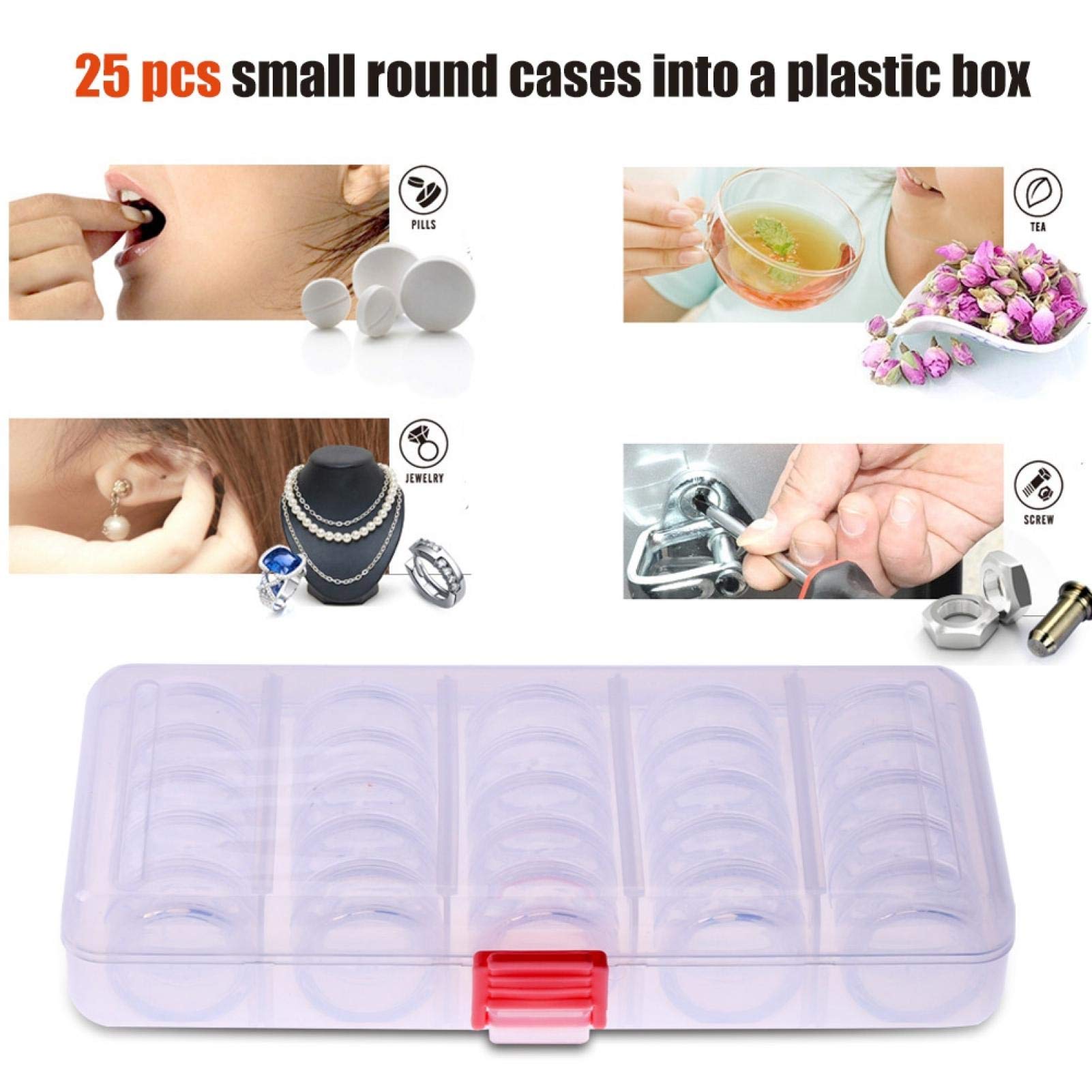 25 Pcs Small Round Container Jars,Pills Jewelry Bead Storage with Rectangle Box,Plastic Transparent Container Jar,for Earrings Rings Beads Nail Art Glitter Powder(7.48×3.74×1.37in)