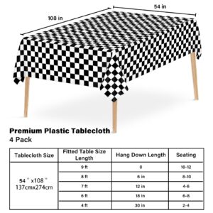 Mulbozy 4 Pcs Black and White Checkered Tablecloths, 54 × 108 Inches Black Checkered Flag Tablecover, Disposable Plastic Gingham Table Cover for Picnic, Truck, Race Car Birthday Party Supplies