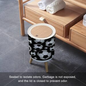 EINGDVPRWEK Trash Can with Lid Cute Seamless with Soccer Balls Press Cover Small Garbage Bin Round with Wooden Legs Waste Basket for Bathroom Kitchen Bedroom 7L/1.8 Gallon