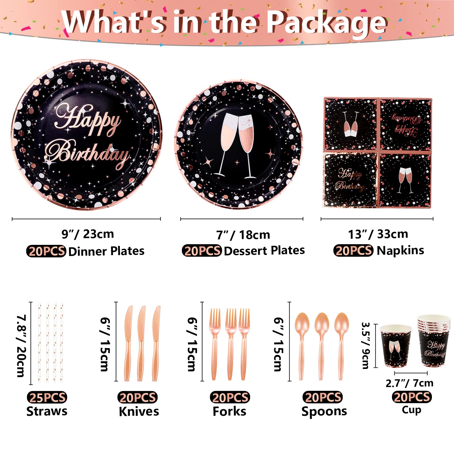 XJLANTTE 167 PCS Black and Rose Gold Party Supplies - Rose Gold Birthday Banner, Plates, Napkins, Cups and Tablecloth for Wedding Bridal Shower Party Decorations, Serves 20 Guests