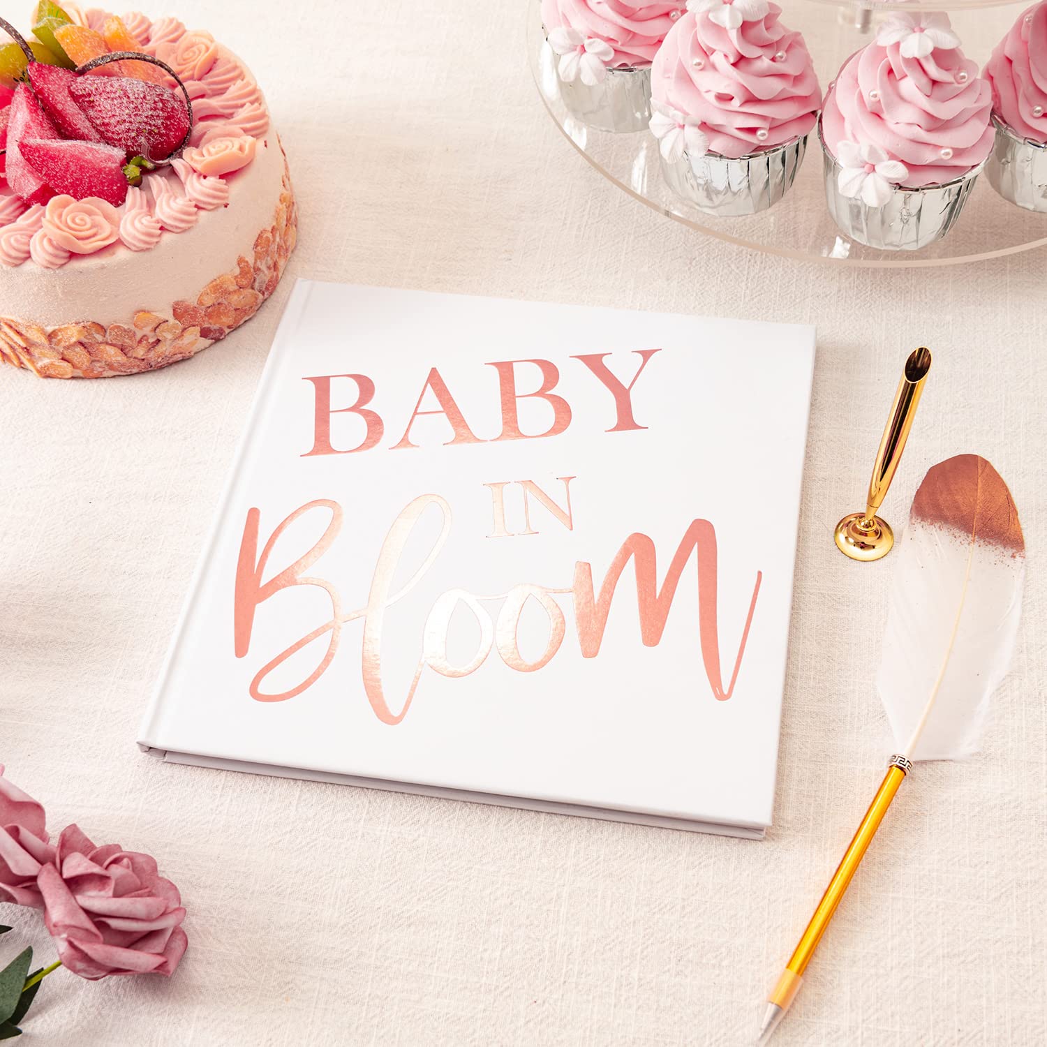 Calculs Polaroid Baby Shower Guest Book Baby in Bloom Signature Bridal Party Picture Book Blank Pages for Instant Film 8.5” Square White Cover Rose Gold Stamping