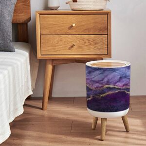 KCDCYCZEAL Small Trash Can with Lid Abstract marbling Violet Blue Purple Marble with Golden Veins Fake Round Recycle Bin Press Top Dog Color