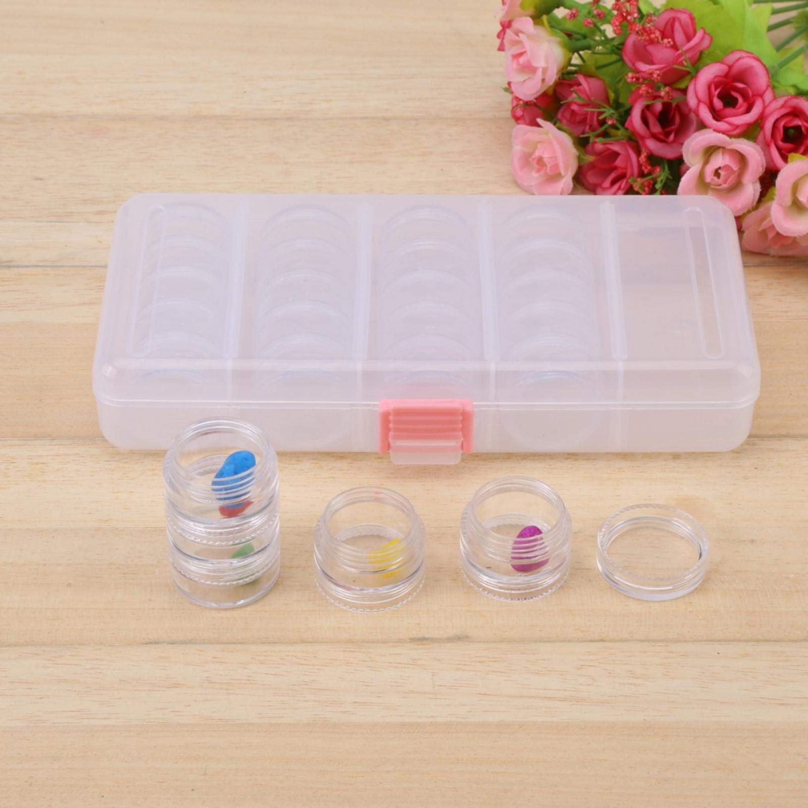 25 Pcs Small Round Container Jars,Pills Jewelry Bead Storage with Rectangle Box,Plastic Transparent Container Jar,for Earrings Rings Beads Nail Art Glitter Powder(7.48×3.74×1.37in)