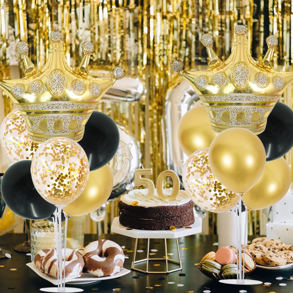 TONIFUL Table Centerpiece Balloons Stand Kit Include Black Gold Latex Confetti Balloons and Foil Crown Balloon for Birthday 2024 Graduation Anniversary Halloween New Year's Eve Party Decoration