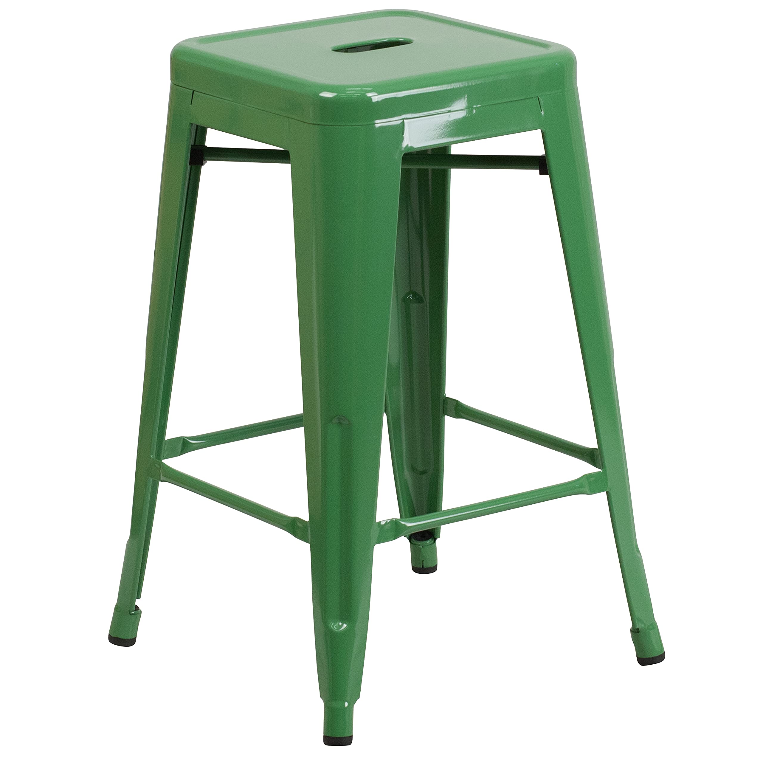 Merrick Lane Newark Series Counter Height Stool - Green Finish - Metal Frame with Cross Bracing - Backless Design - Integrated Footrest