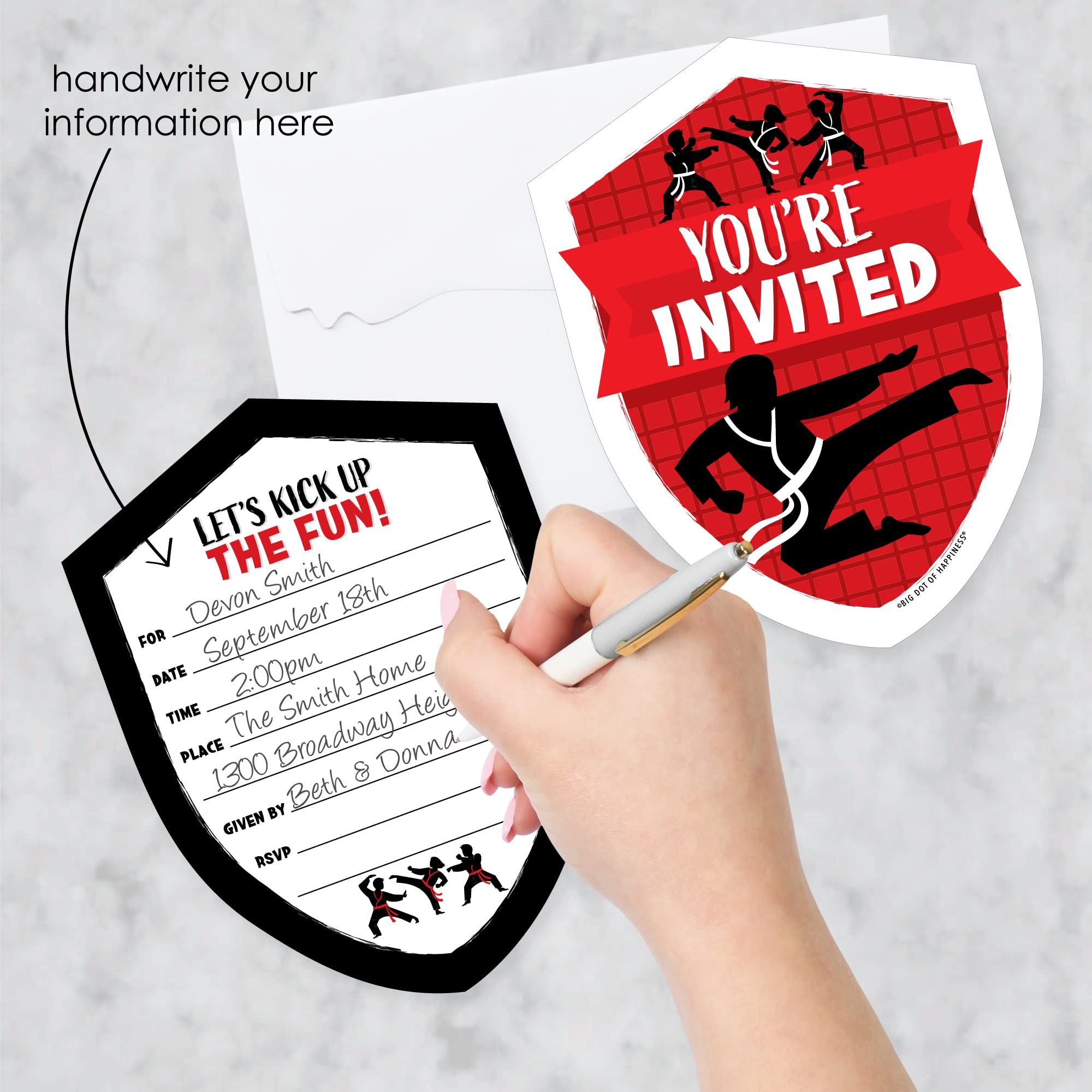 Big Dot of Happiness Karate Master - Shaped Fill-In Invitations - Martial Arts Birthday Party Invitation Cards with Envelopes - Set of 12