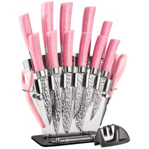 kitchen knives set, high carbon stainless steel knife set 15 pcs, super sharp cutlery knife set with clear acrylic stand, sharpener knife block set, pink knife set