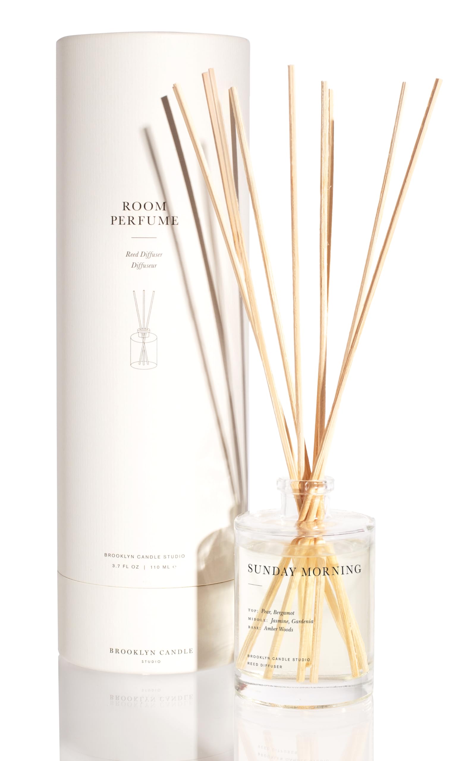 Brooklyn Candle Studio Reed Scent Diffuser - Sunday Morning - Relaxing Oil Diffuser, Pear, Jasmine & Amber Fragrance, 8 Rattan Diffuser Reeds, Clean Ingredients - 3.7oz