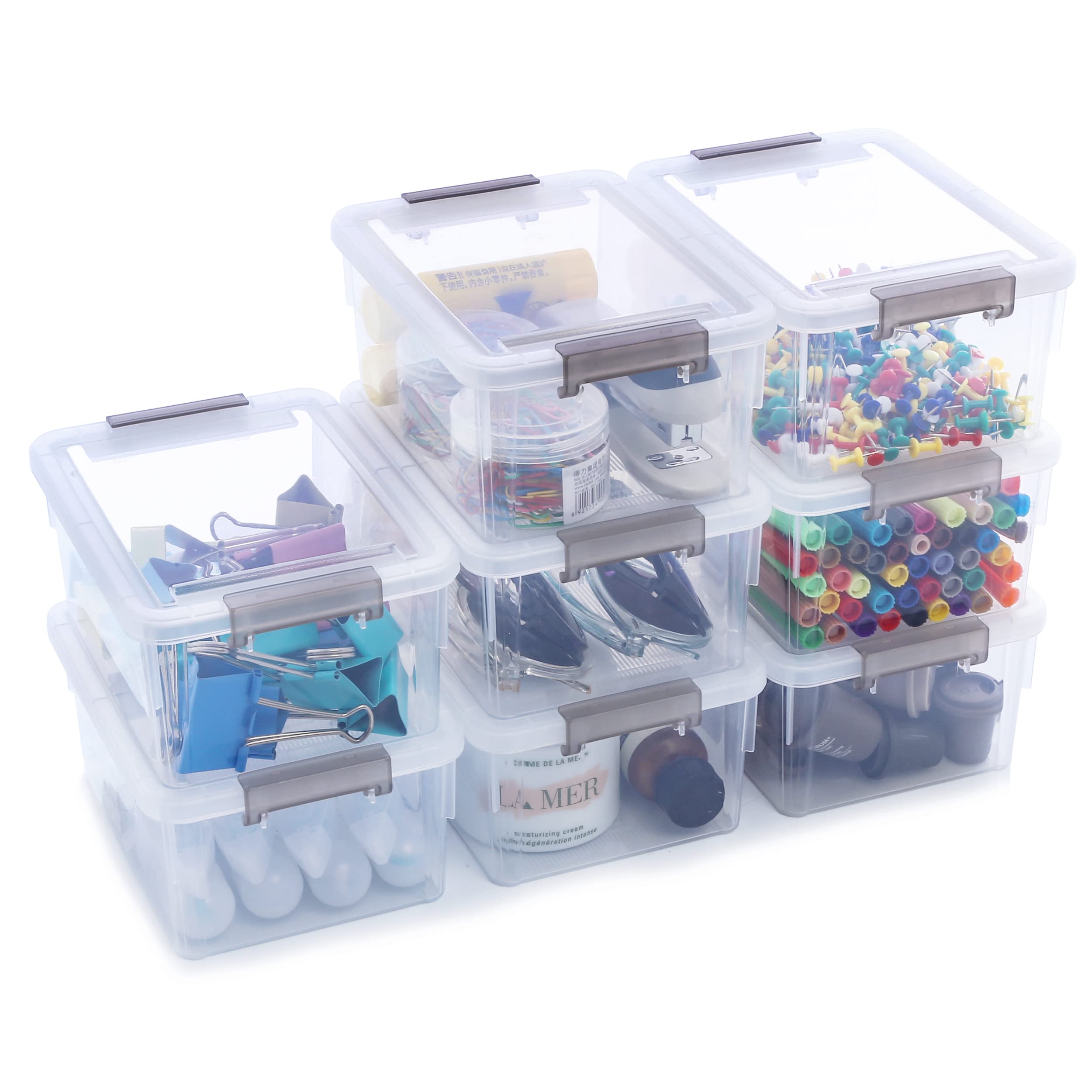 Citylife 1.3 QT 8 Packs Small Storage Bins Plastic Storage Container Stackable Box with Lids for Organizing, Clear White