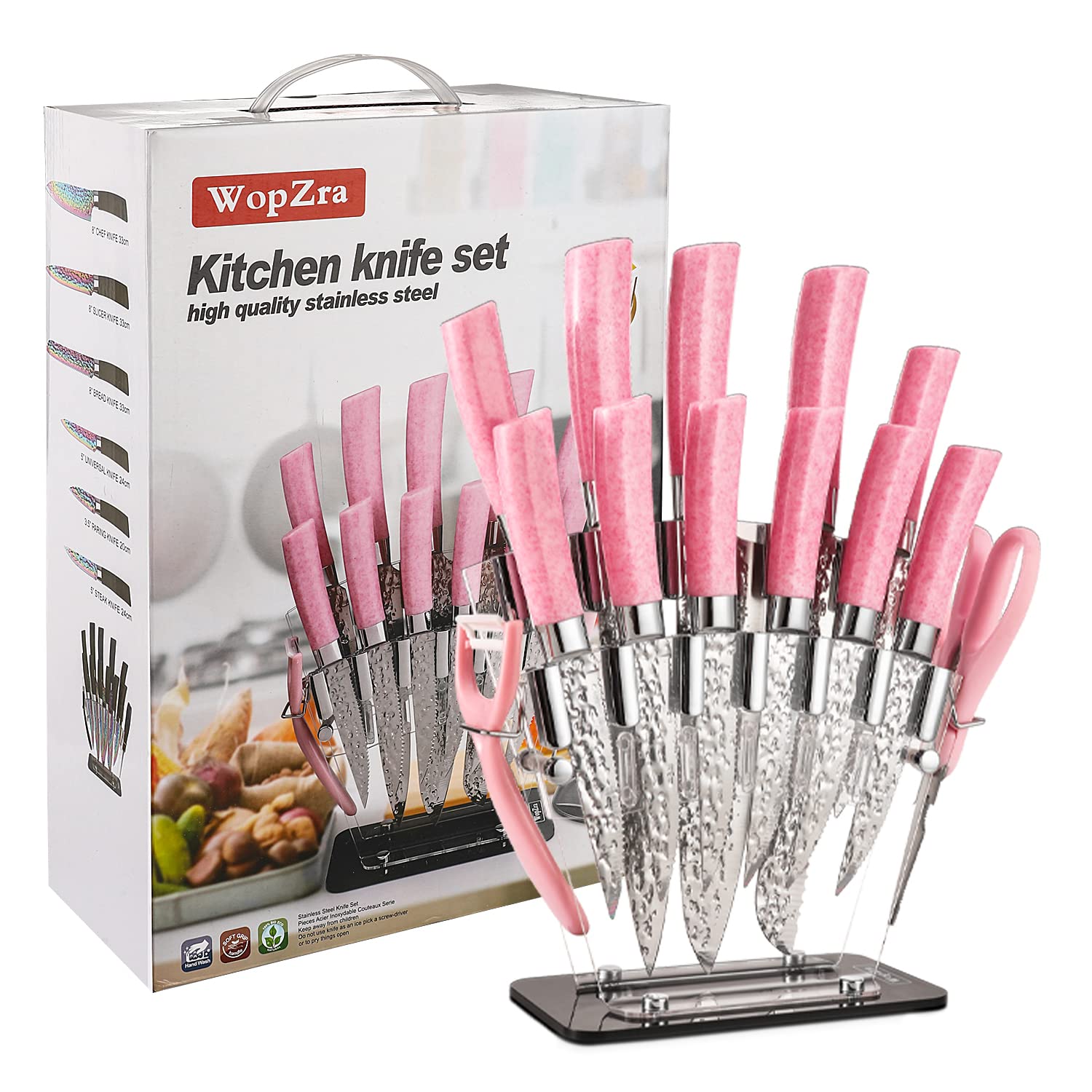 Kitchen Knives Set, High Carbon Stainless Steel Knife Set 15 PCS, Super Sharp Cutlery Knife Set with Clear Acrylic Stand, Sharpener Knife Block Set, Pink Knife Set