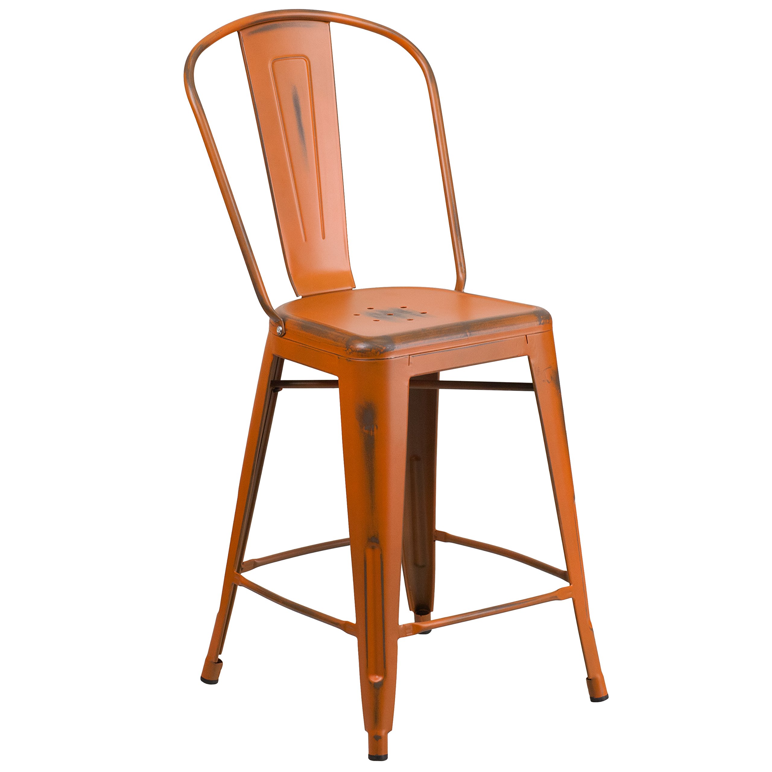 Merrick Lane Sabine 24" Indoor-Outdoor Counter Stool - Metal Stool with Distressed Orange Finish - Vertical Slat Back - Integrated Footrest