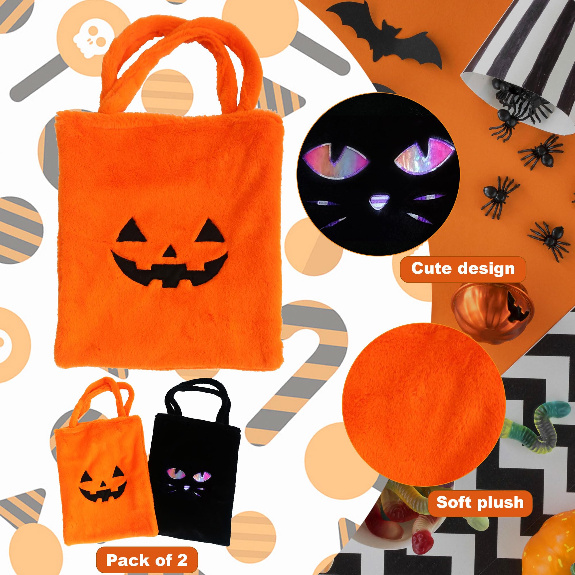 Hooin Halloween Candy Bags. 15.7'' X 11.8'' Large Soft Plush Trick or Treat Tote Bags.Pack of 2 (Pumpkin & Black Cat)