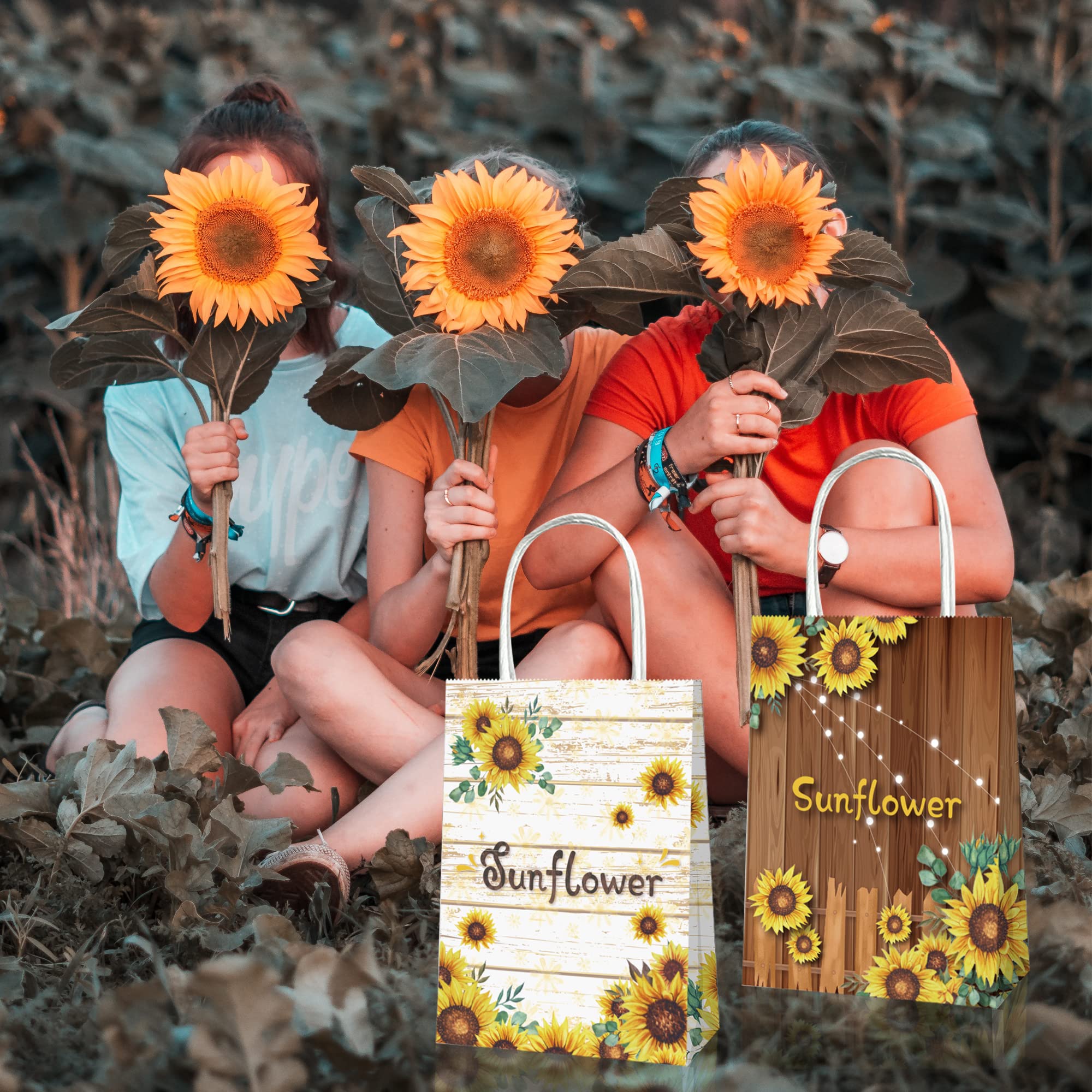 12 Pack Vintage Wooden Sunflower Candy Bags，Sunflower Goody Treat Bags with Handles Summer Sunshine Party Favor Bags for Sunflower Baby Shower Birthday Wedding Bridal Shower Party Supplies