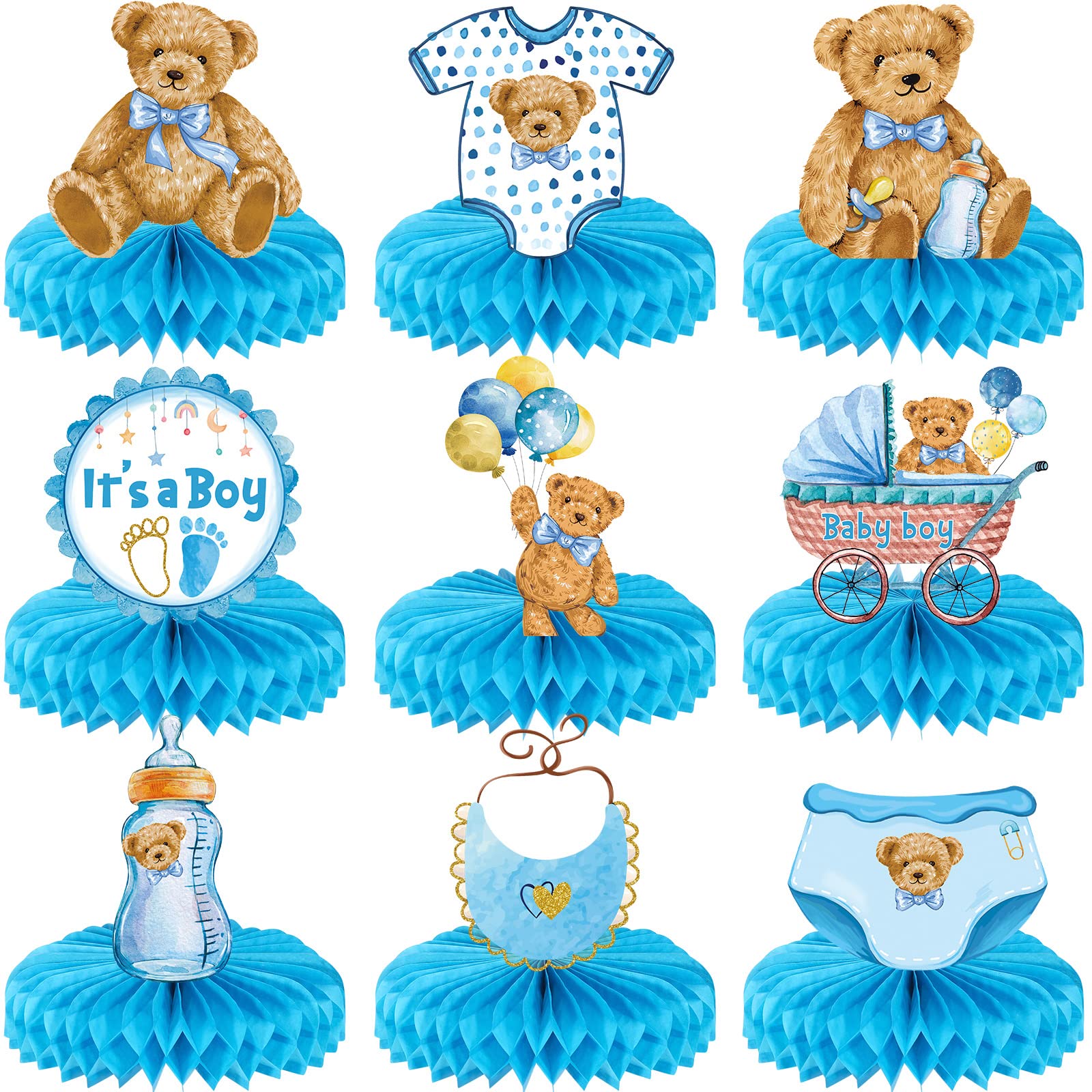 9 Pcs Bear Honeycomb Centerpieces It's a Boy Baby Shower Table Decorations Blue Bear Party Supplies Bear Themed Kids' Party Centerpieces Table Topper Decoration for Gender Reveal Parties