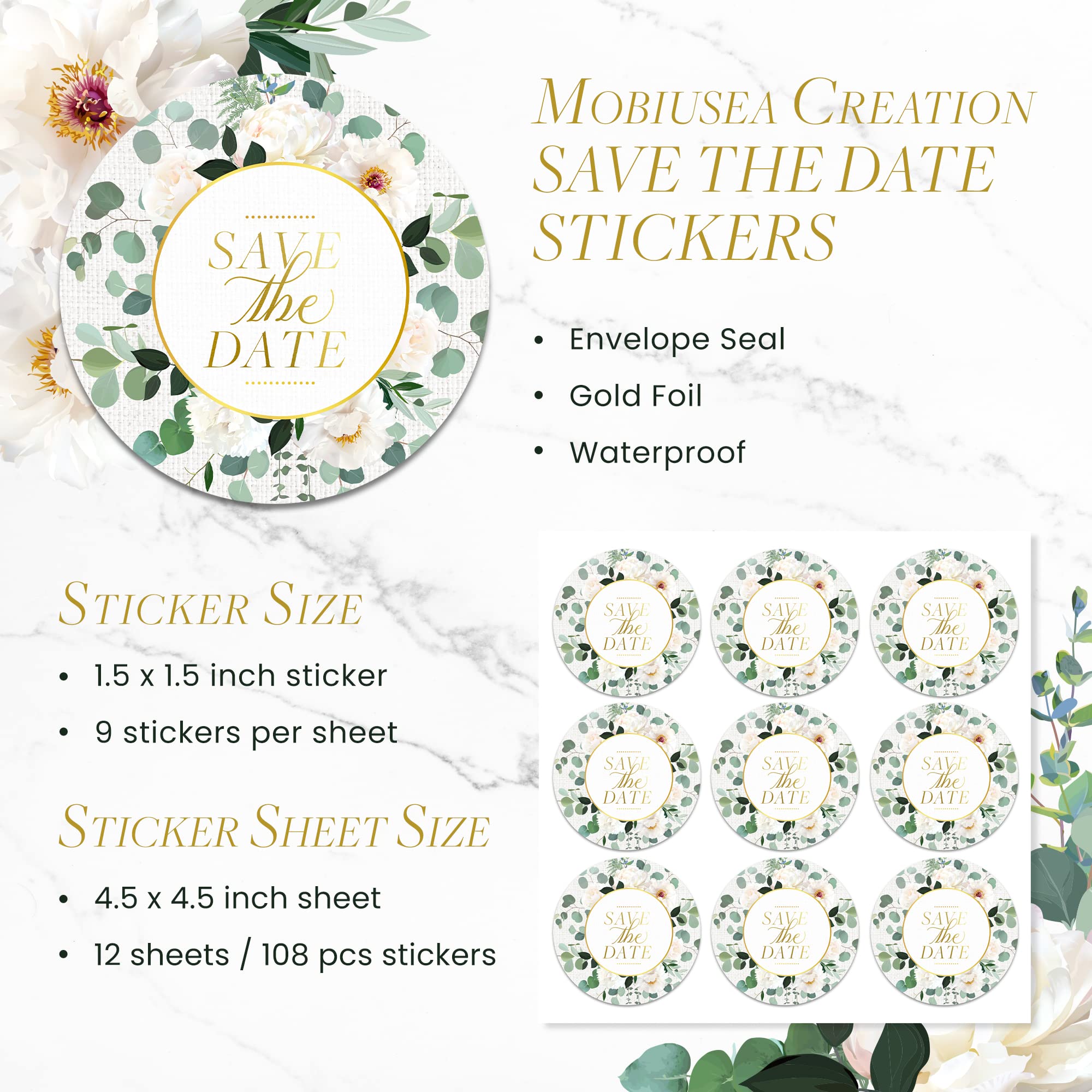 Mobiusea Creation Save The Date Stickers for Envelopes | 1.4 inch | Gold Foil | 108pcs Waterproof Invitation Stickers for Wedding, Bridal Shower, Birthday, Baby Shower, Envelope Seal Stickers