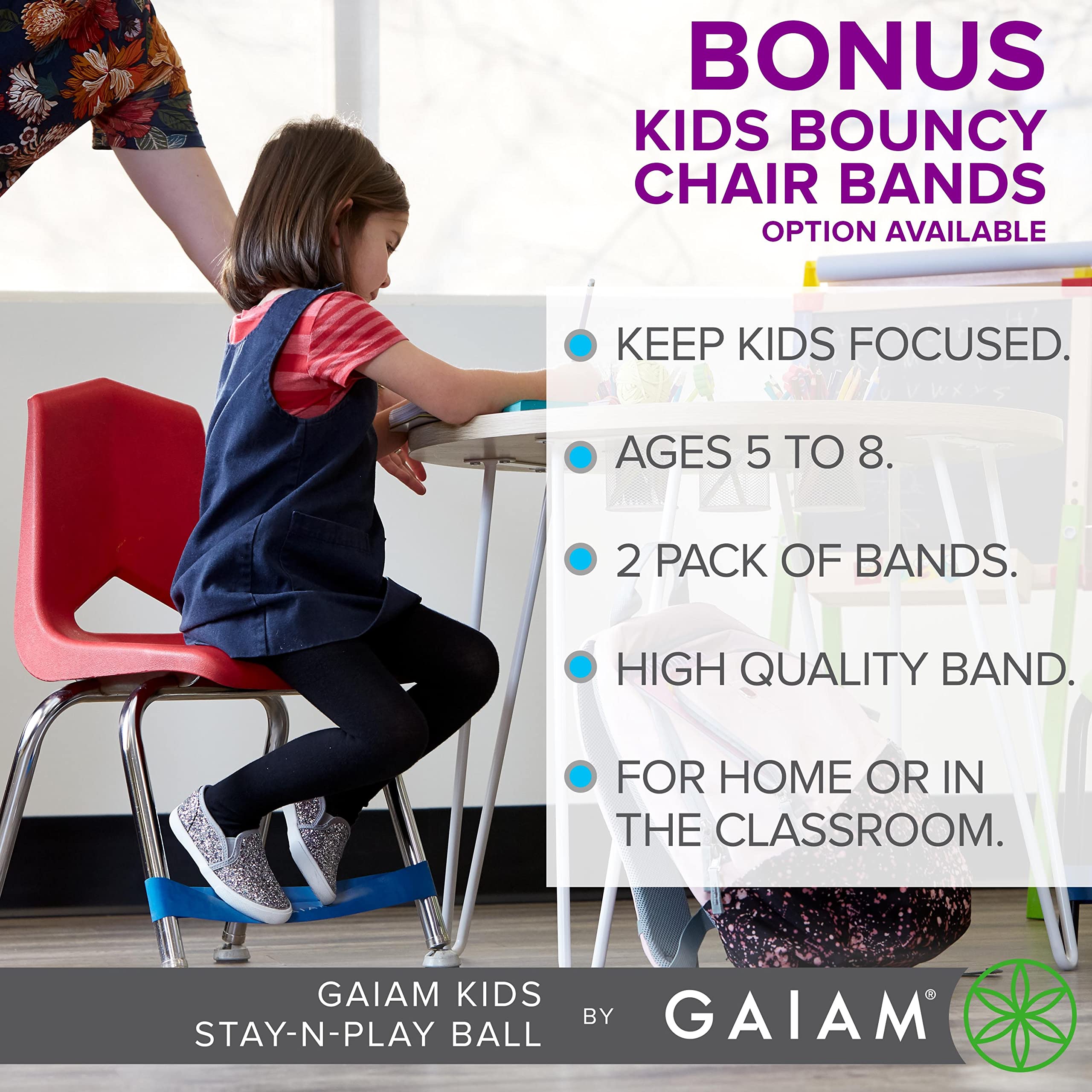 Gaiam Kids Stay-N-Play Ball Children's Balance Ball Chair with Chair Bands - Flexible School Active Classroom Desk Alternative Seating with Chair Fidget Band - Built-in Stability Legs - 45cm, Blue