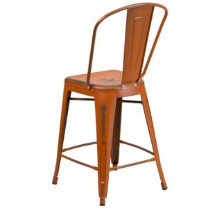 Merrick Lane Sabine 24" Indoor-Outdoor Counter Stool - Metal Stool with Distressed Orange Finish - Vertical Slat Back - Integrated Footrest