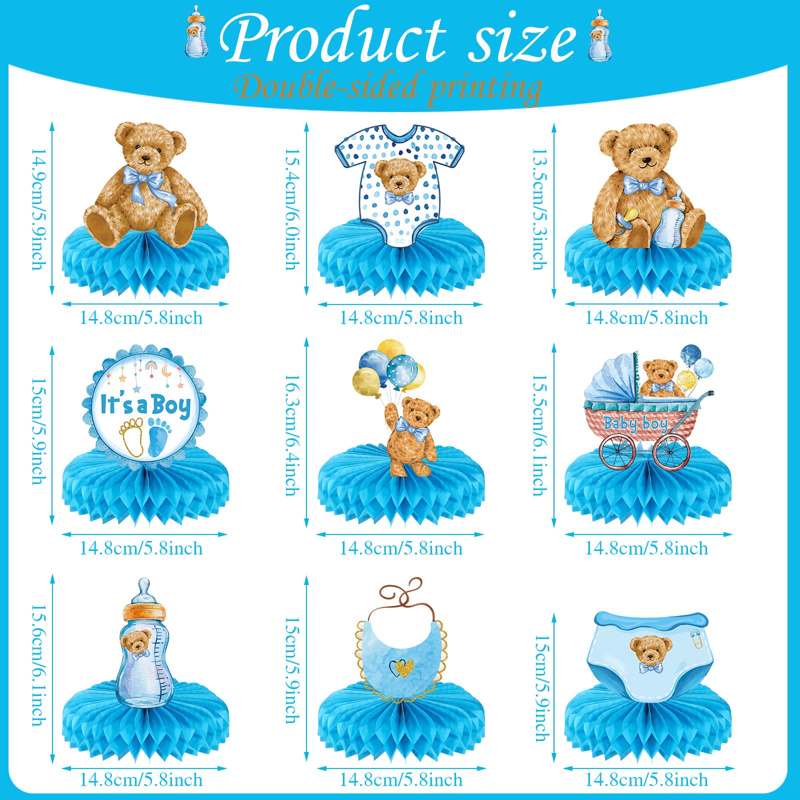 9 Pcs Bear Honeycomb Centerpieces It's a Boy Baby Shower Table Decorations Blue Bear Party Supplies Bear Themed Kids' Party Centerpieces Table Topper Decoration for Gender Reveal Parties