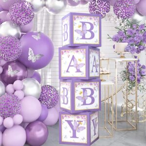 datamoon purple butterfly baby shower boxes decorations - 4 purple balloons boxes with baby letter, printed letters,first birthday centerpiece decor, baby blocks for girl, gender reveal backdrop