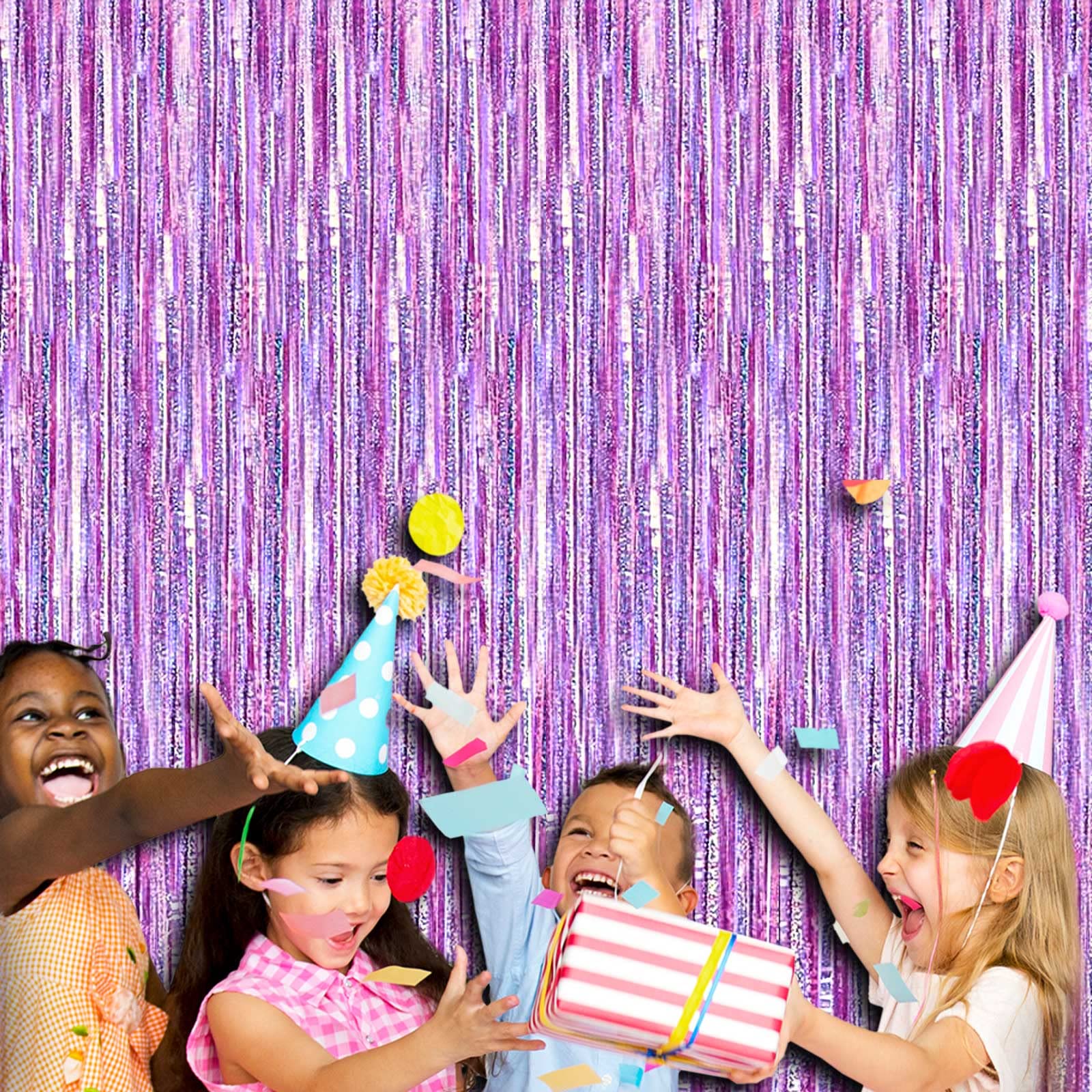 4 Pack Light Purple Tinsel Foil Fringe Curtain Backdrop, 3.28Ft x 8.2Ft Metallic Streamers for Photo Booth Wedding Bridal Shower Bachelorette Birthday Halloween Christmas Party Decoration