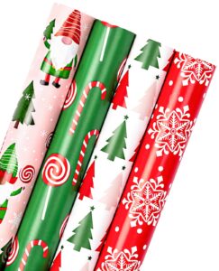 wrapaholic christmas wrapping paper roll - red, green and pink christmas gnome elf holiday collection - 4 rolls - 30 inch x 120 inch per roll