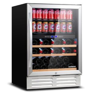 cusimax 24 inch wine cooler, dual zone wine and beverage refrigerator, touch intelligent digital 37-64°f upgrade wine cellars, built in or freestanding wine fridge for home office bar stainless steel