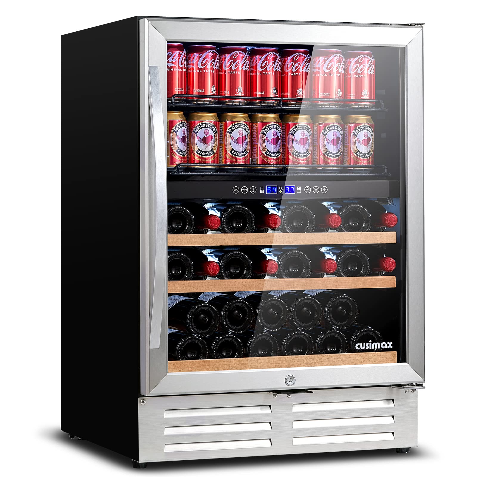 CUSIMAX 24 Inch Wine Cooler, Dual Zone Wine and Beverage Refrigerator, Touch Intelligent Digital 37-64°F Upgrade Wine Cellars, Built in or Freestanding Wine Fridge for Home Office Bar Stainless Steel