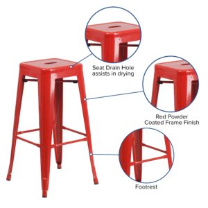 Merrick Lane Newark Series Bar Height Stool - Red Finish - Metal Frame with Cross Bracing - Backless Design - Integrated Footrest