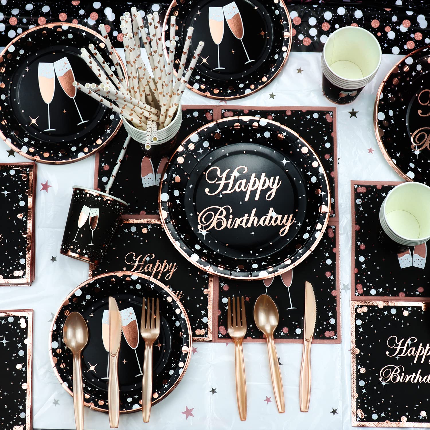 XJLANTTE 167 PCS Black and Rose Gold Party Supplies - Rose Gold Birthday Banner, Plates, Napkins, Cups and Tablecloth for Wedding Bridal Shower Party Decorations, Serves 20 Guests