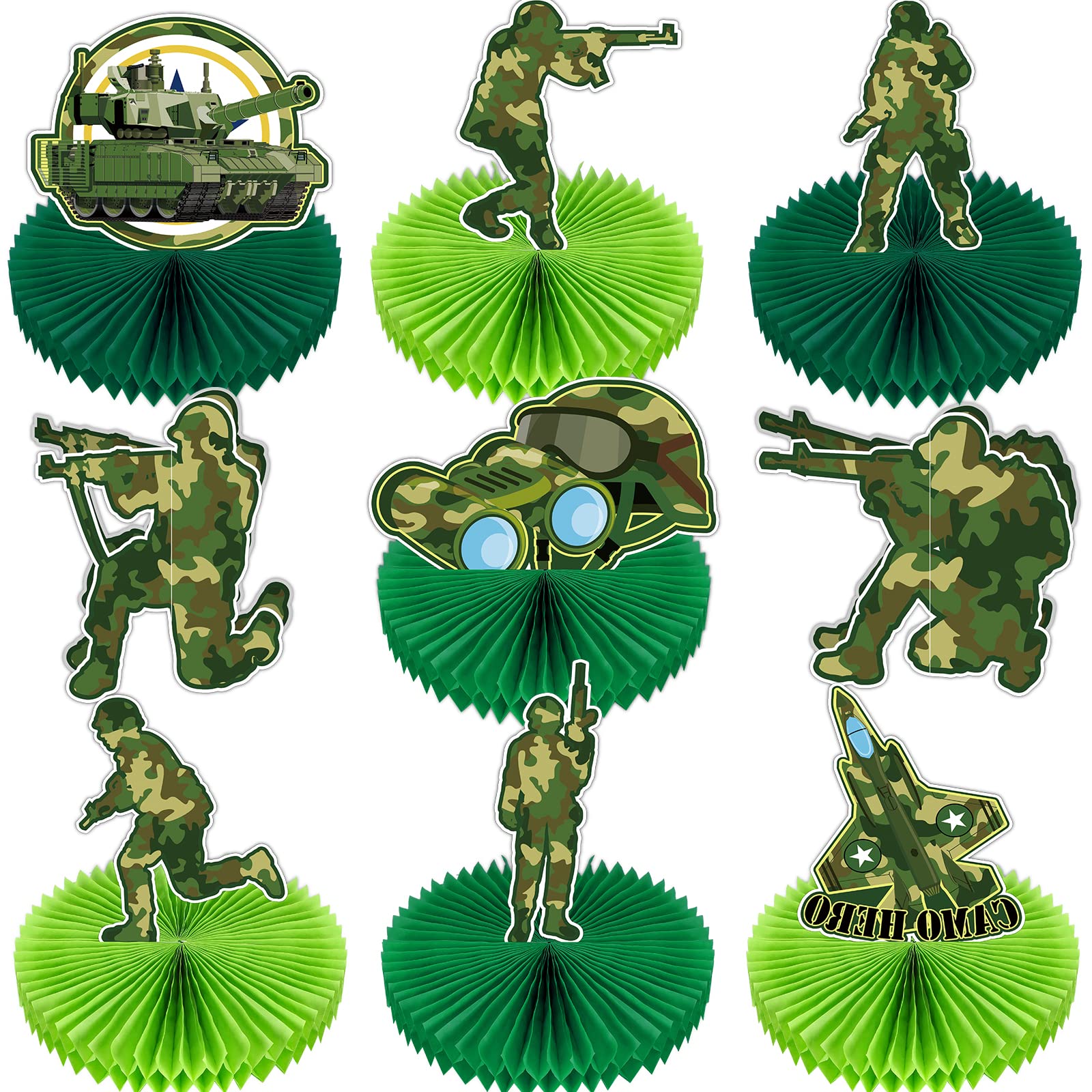 9 Pack Army Party Decorations Army Military Honeycomb Centerpieces Tank Camouflage Party Supplies Green Soldiers Table Topper Photo Props for Boy Girl Soldier Camouflage Baby Shower Party