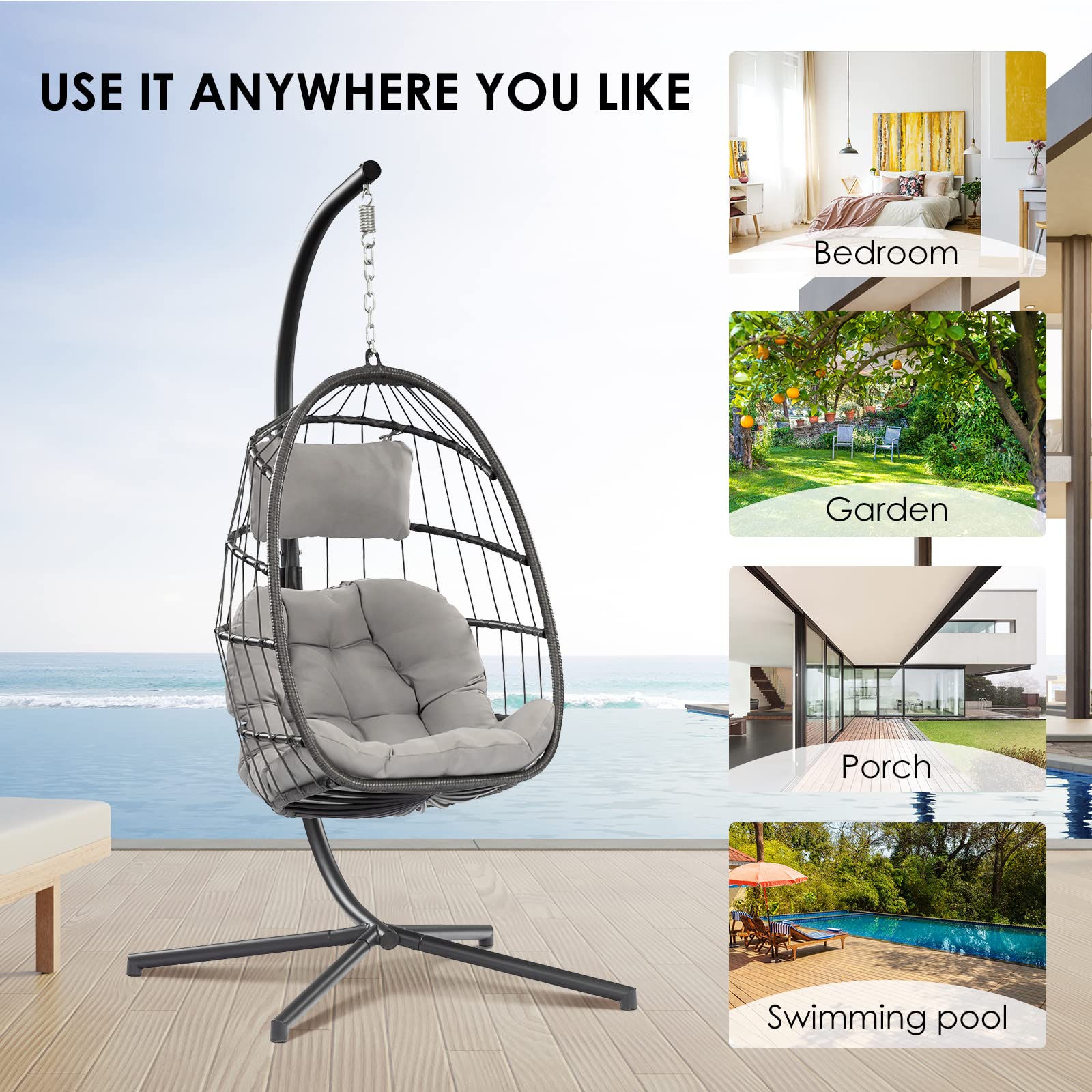 Egg Swing Chair with Stand Hanging Egg Chair Outdoor - Rattan Wicker Patio Hanging Basket Chair Hammock Chair with Aluminum Steel Frame and UV Resistant Cushion for Indoor Bedroom Balcony (Grey)