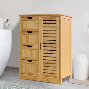 MUPATER Small Storage Cabinet Bamboo with 4 Drawers and 1 Cupboard, Freestanding Compact Floor Cabinet Bamboo for Entryway and Bathroom, Natural