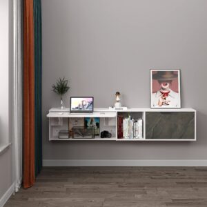 Pmnianhua Floating Wall Desk with Storage Shelves, 70'' Large Wall Mounted Desk Laptop Computer Writing Study Table for Bedroom Small Space (Grayish White-Left)