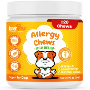 inner paw dog allergy chews – 120 soft chews for dog allergy relief – natural vegetable flavor allergy immune supplement for dogs – soothing and calming dog treats