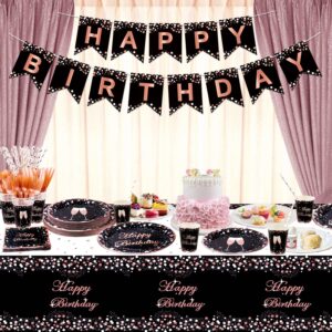 XJLANTTE 167 PCS Black and Rose Gold Party Supplies - Rose Gold Birthday Banner, Plates, Napkins, Cups and Tablecloth for Wedding Bridal Shower Party Decorations, Serves 20 Guests