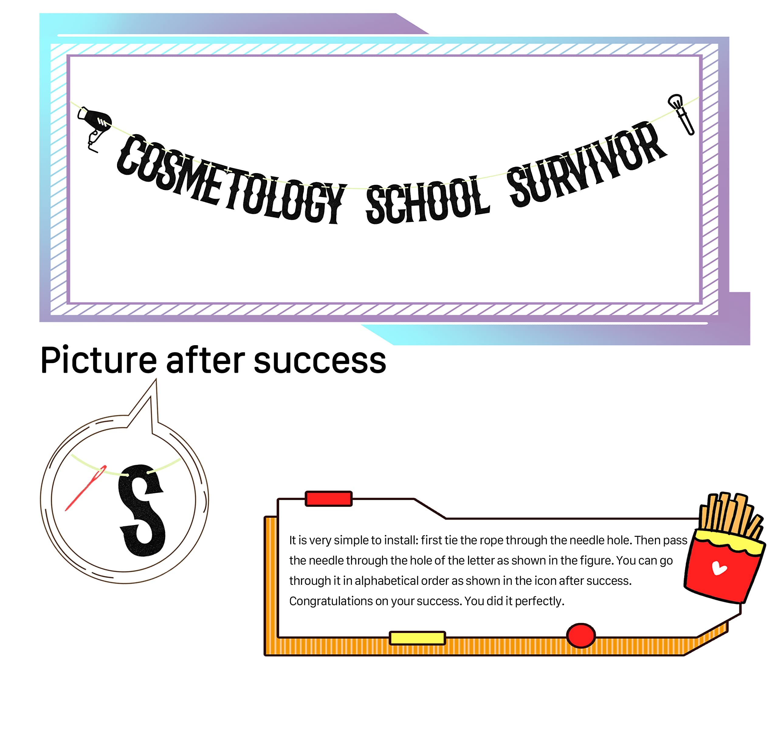 Glitter Black Cosmetology School Survivor Banner, Class Of 2024 Grad Cap Cake Supplies,Congratulations Finally Done 2024 Graduate Party Decoration