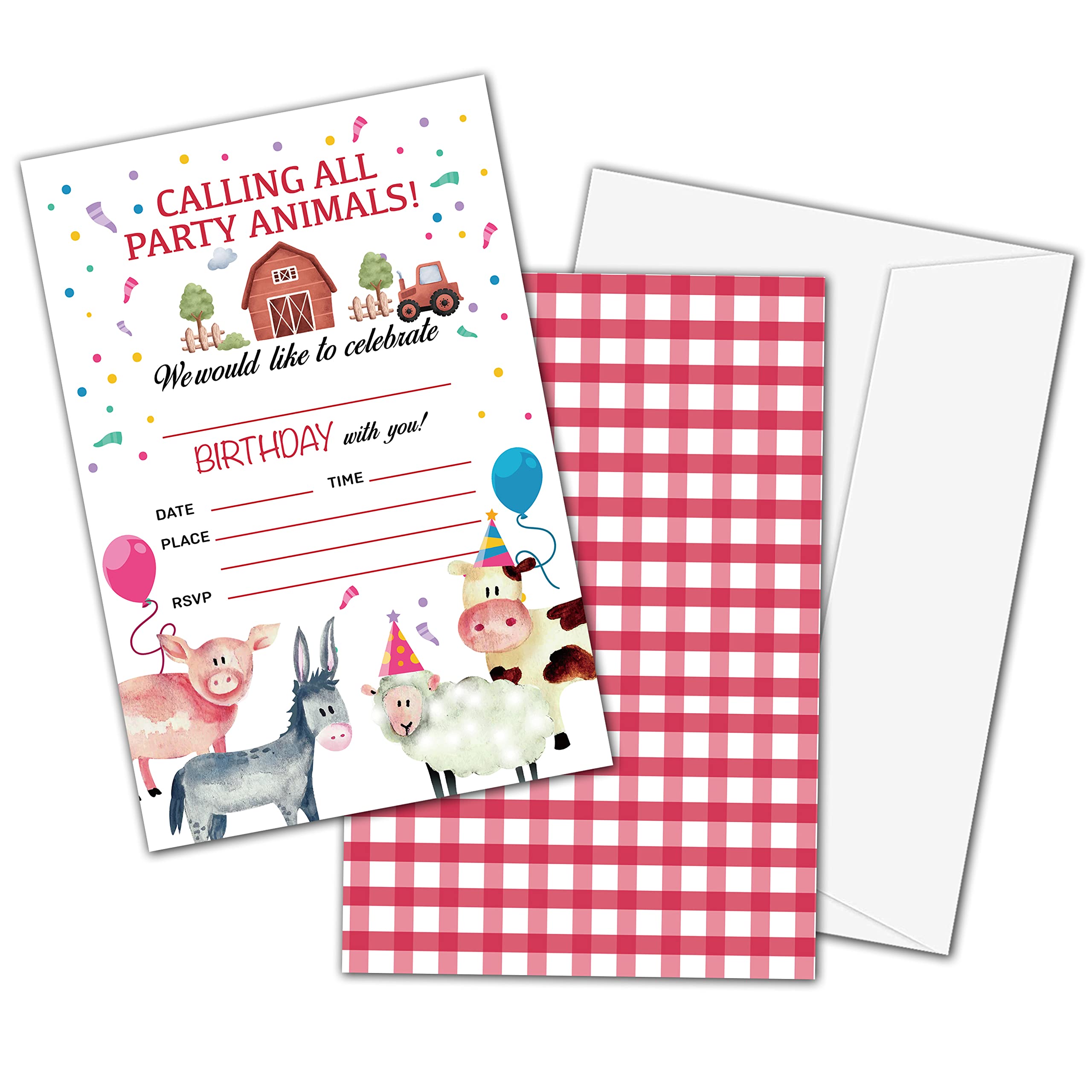 Birthday Party Invitation Cards for Kids, Party Invites, Party Celebration for Teens, Farmhouse Farm Animal Calling All Party Animals Cards, Party Supplies, Personalized 20 Cards With Envelopes-c001