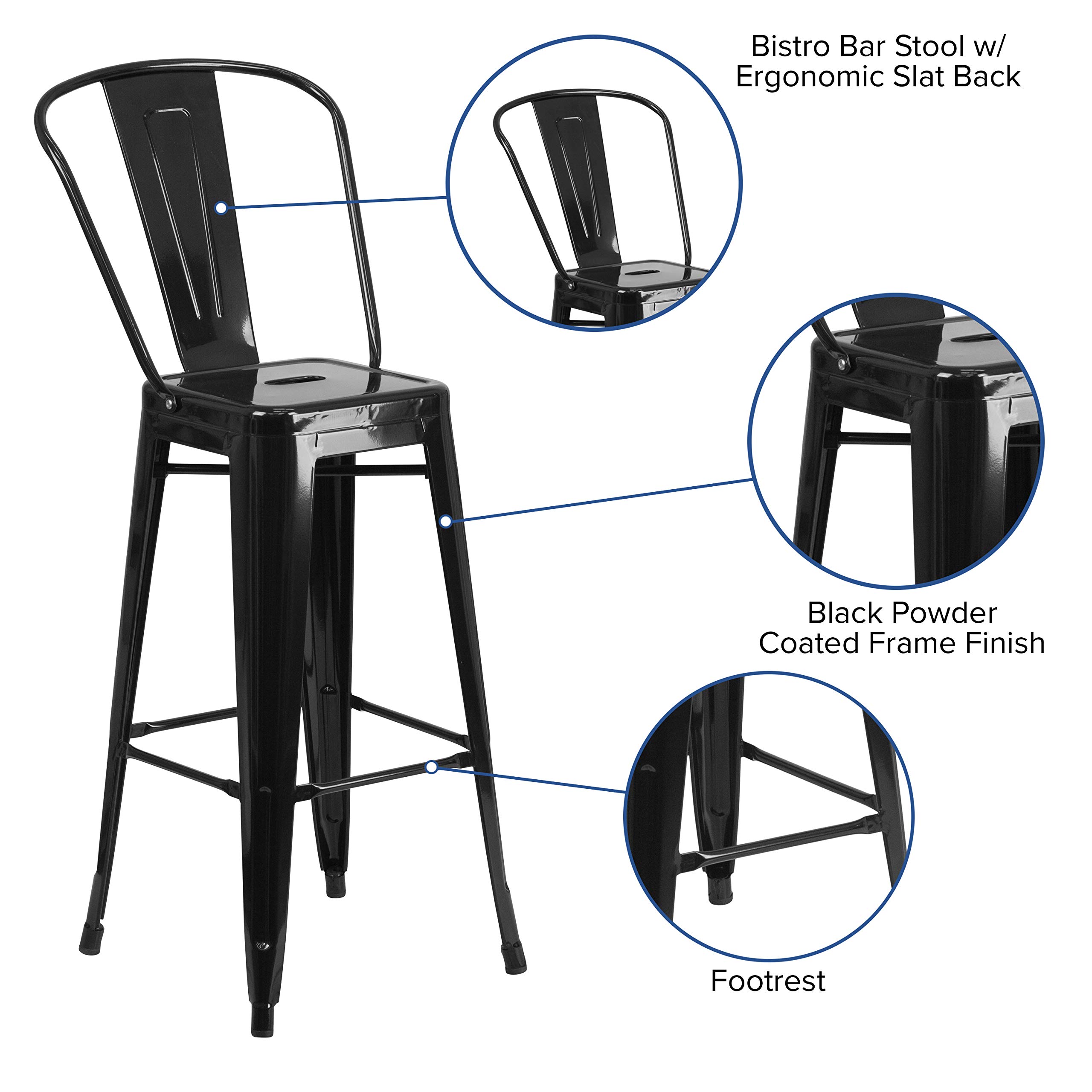 Merrick Lane Dothan Series Bar Height Stool - Black Finish - Metal Frame with Cross Bracing - Convenient Removable Back - Integrated Footrest