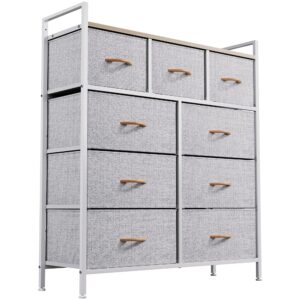 yitahome 9-drawer fabric dresser, furniture storage tower cabinet, organizer for bedroom, living room, hallway, closet & nursery, sturdy steel frame, wooden top, easy-to-pull fabric bins(light grey)