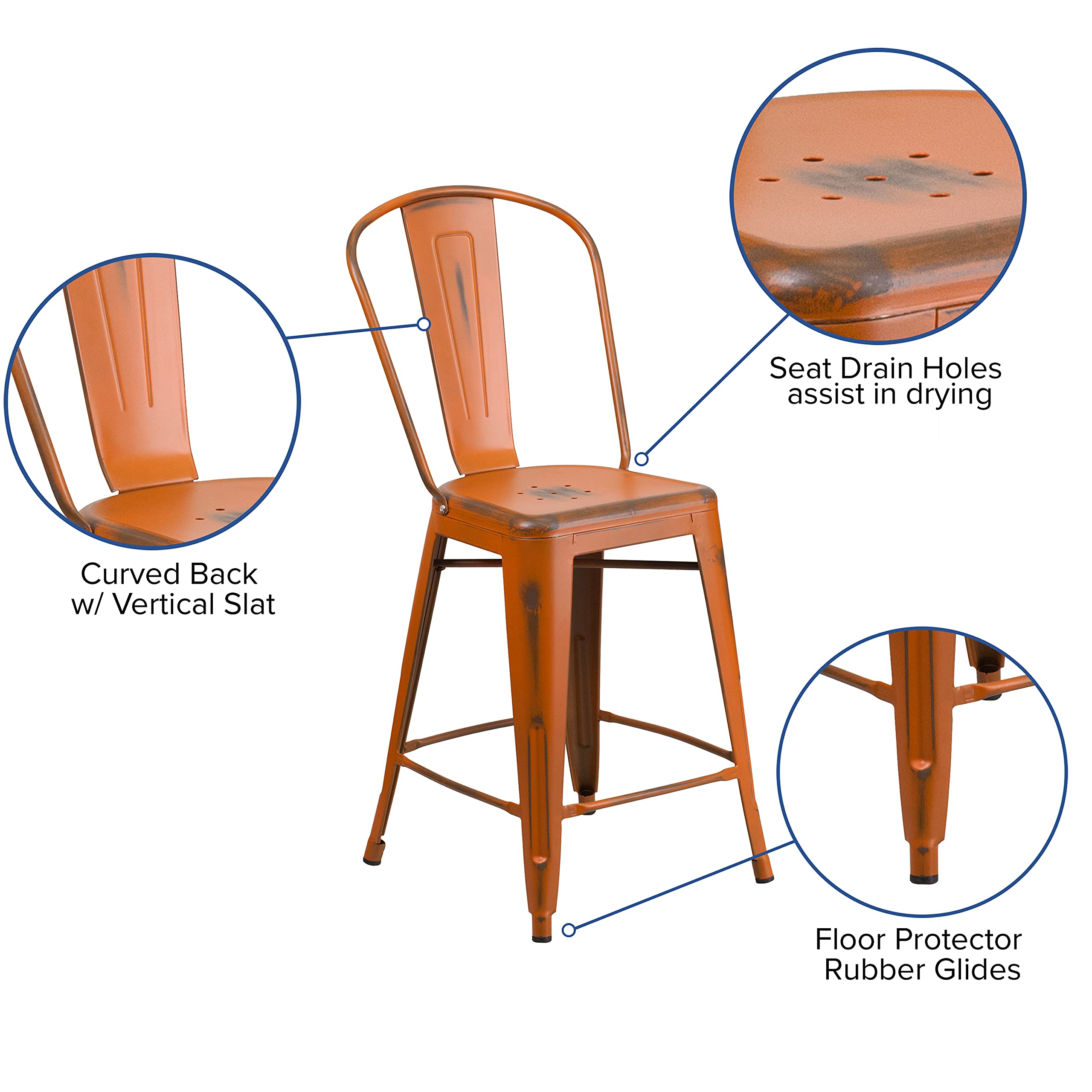 Merrick Lane Sabine 24" Indoor-Outdoor Counter Stool - Metal Stool with Distressed Orange Finish - Vertical Slat Back - Integrated Footrest