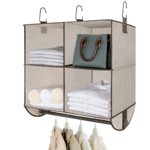 topia home 4-section hanging closet shelves with rod, unique thickened cotton fabric hanging closet organizer, closet organization for clothes, baby, kids, shoes, purse, hat, 24" wx12 dx29 h, brown