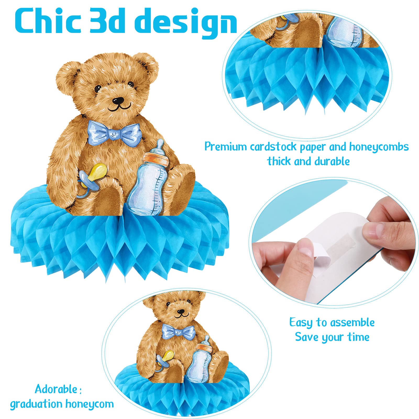 9 Pcs Bear Honeycomb Centerpieces It's a Boy Baby Shower Table Decorations Blue Bear Party Supplies Bear Themed Kids' Party Centerpieces Table Topper Decoration for Gender Reveal Parties