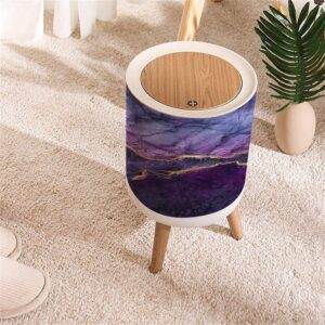 KCDCYCZEAL Small Trash Can with Lid Abstract marbling Violet Blue Purple Marble with Golden Veins Fake Round Recycle Bin Press Top Dog Color