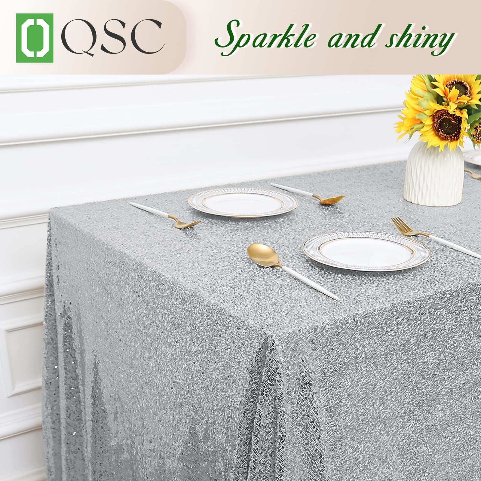 OQSQ Silver Sequins Tablecloth 60x102 inch, Sparkly Glitter Table Cover for Wedding Birthday Party Prom Decorations