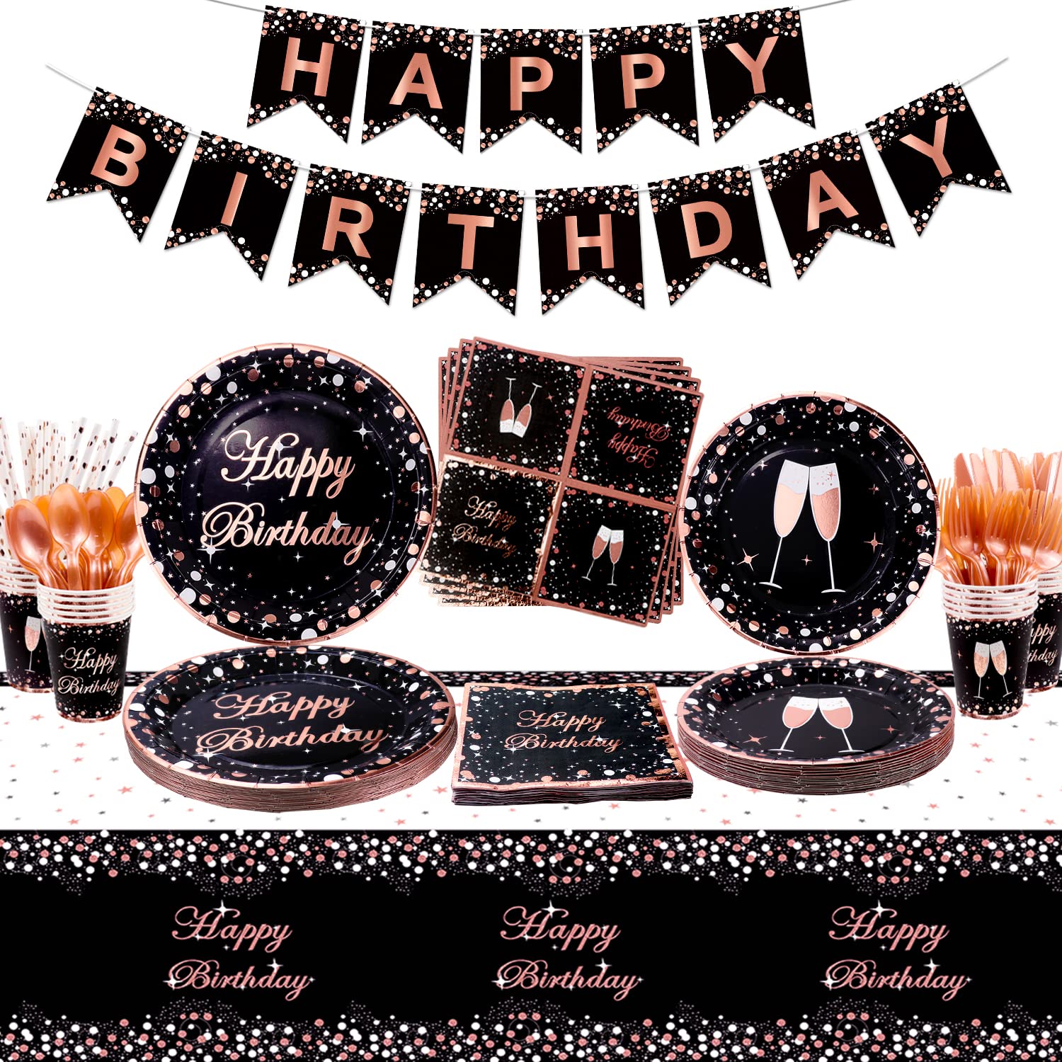 XJLANTTE 167 PCS Black and Rose Gold Party Supplies - Rose Gold Birthday Banner, Plates, Napkins, Cups and Tablecloth for Wedding Bridal Shower Party Decorations, Serves 20 Guests