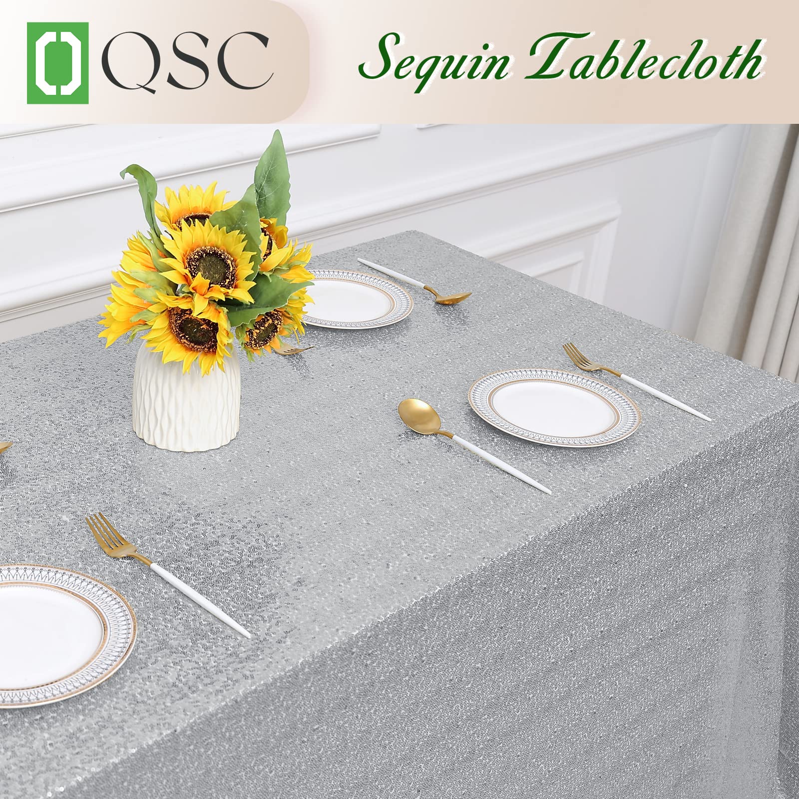 OQSQ Silver Sequin Tablecloth 50x80 inch, Sparkle Sequence Table Cover Glitter Drape Table Cloth Decorations Wedding Birthday Party