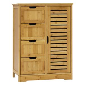 mupater small storage cabinet bamboo with 4 drawers and 1 cupboard, freestanding compact floor cabinet bamboo for entryway and bathroom, natural