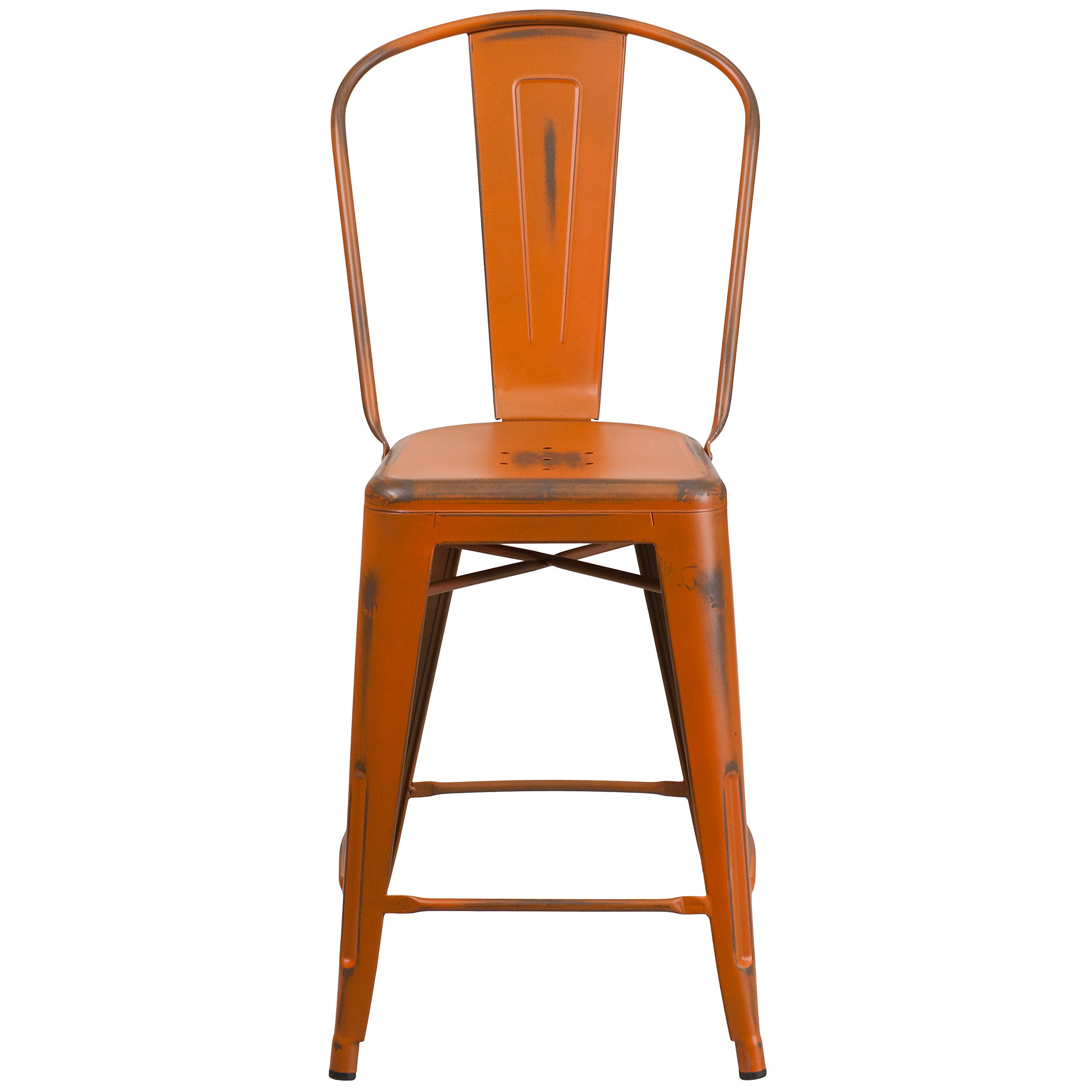 Merrick Lane Sabine 24" Indoor-Outdoor Counter Stool - Metal Stool with Distressed Orange Finish - Vertical Slat Back - Integrated Footrest