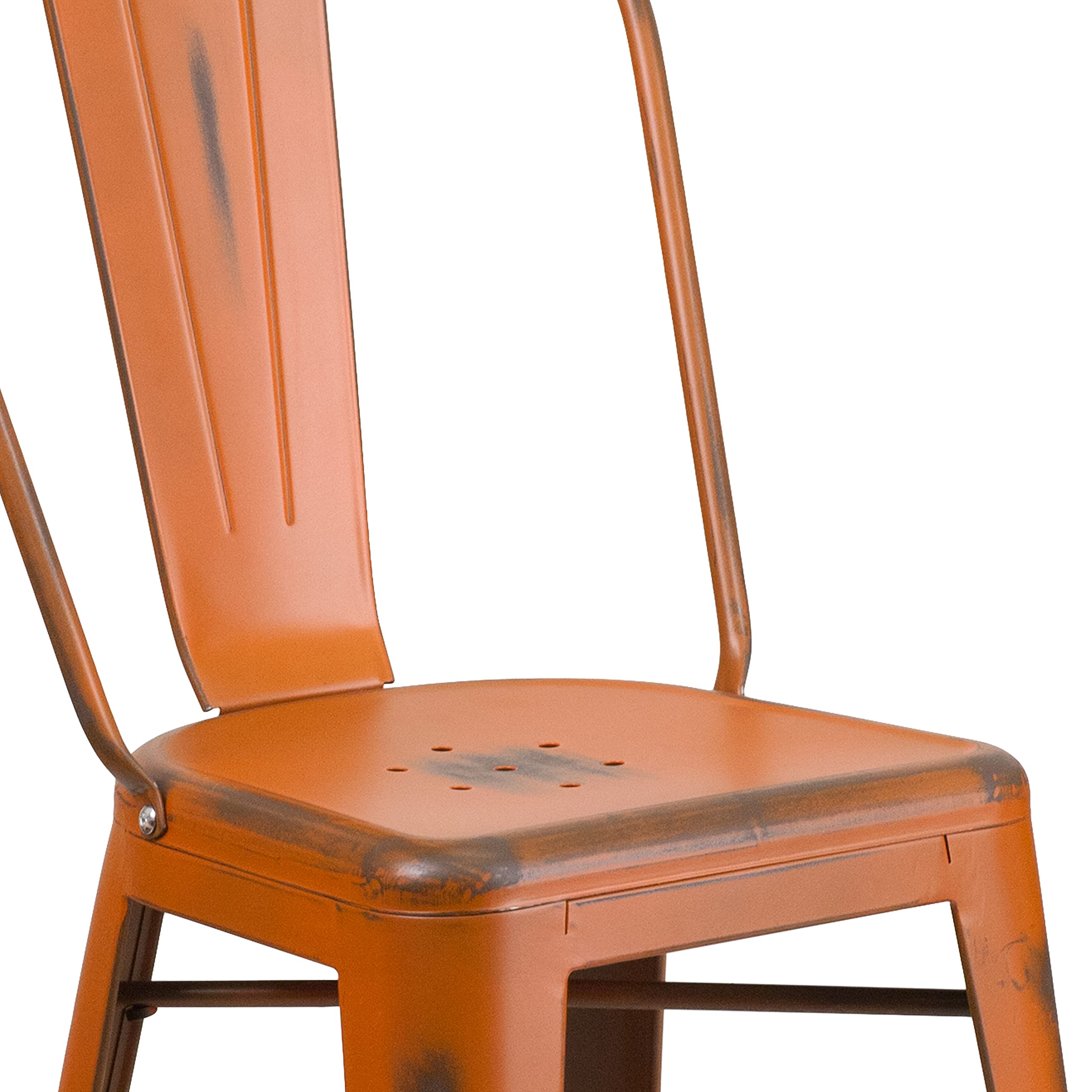 Merrick Lane Sabine 24" Indoor-Outdoor Counter Stool - Metal Stool with Distressed Orange Finish - Vertical Slat Back - Integrated Footrest