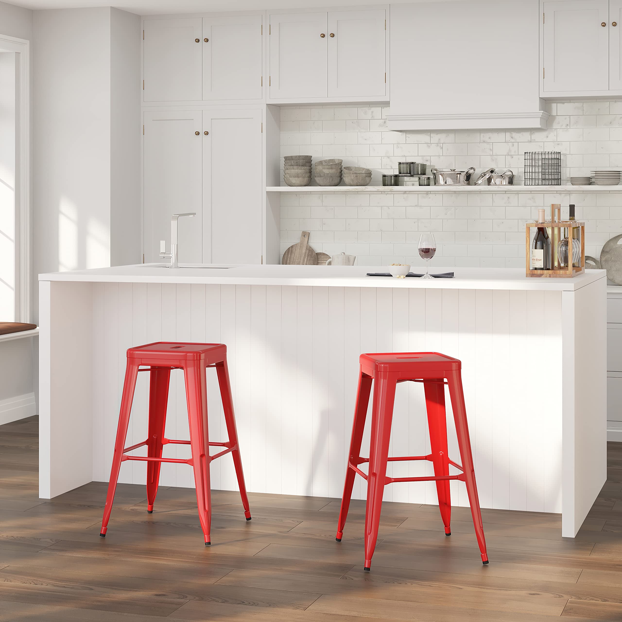 Merrick Lane Newark Series Bar Height Stool - Red Finish - Metal Frame with Cross Bracing - Backless Design - Integrated Footrest